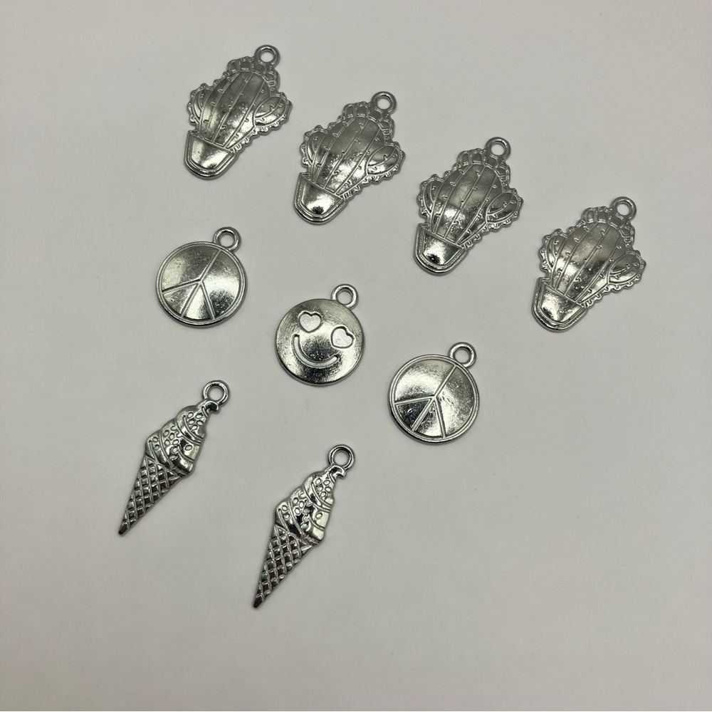9pcs Silver Tone Charm Set - Cactus, Heart Eyes, Peace Sign, Ice Cream Cone